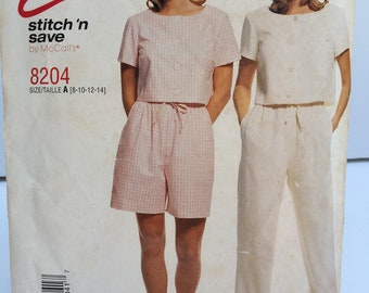 Womens Top Pattern Pants Pattern Shorts Pattern Stitch 'N Save 8204 McCalls 8204 Size 8-10-12-14 Easy to Sew Pattern Free Shipping