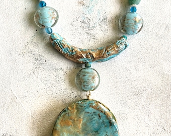 Robin egg blue necklace upcycled artist palette