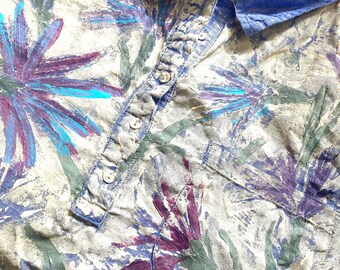 Lavender Coneflowers hand painted linen shirt