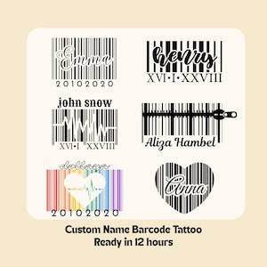 Peut inclure: Plusieurs tatouages personnalisés avec des noms en code-barres noirs. Les motifs incluent des noms tels que "Emma", "Henry", "John Snow" et "Aliza Hambel", ainsi que des dates et un motif en forme de cœur. Le texte "Custom Name Barcode Tattoo" est également visible.