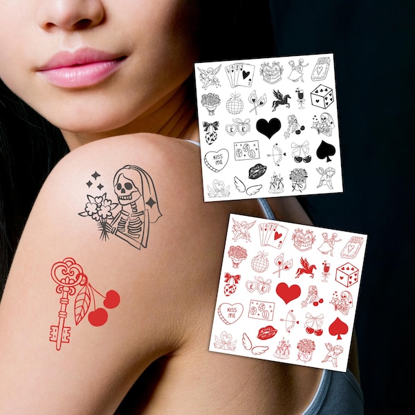 Wedding Temporary Tattoos: Black & Red Bride Groom Party Favors l Wedding Favor Tattoo l Wedding Reception Temporary Tattoo