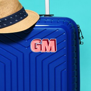 Może przedstawiać: Niebieska walizka z teksturowaną powierzchnią i literami "GM" w różowo-białej naklejce. Słomkowy kapelusz z granatową opaską spoczywa na walizce. Tło jest jednolite, jasnoniebieskie.