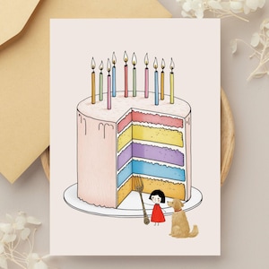 Minimalistische pastelkleurige verjaardagskaart handgetekende regenboogtaart Esthetische wenskaart, grillig leuk en speels wenskaartenset voor feest