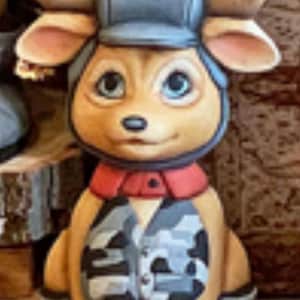 May include: A ceramic figurine of a cartoon deer wearing a blue hat, red scarf, and a camouflage vest. The deer has large blue eyes and tan fur. The figurine is 6 inches tall and 4 inches wide.