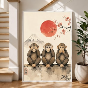 May include: A rectangular wall art print featuring three brown monkeys sitting on a stone wall. The left monkey covers its eyes, the middle covers its ears, and the right covers its mouth. A red sun, cherry blossoms, and a mountain are in the background.