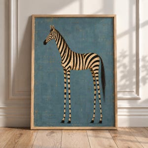 Zebra Wall Art, Blue Safari Animal Print, Vintage Zebra Poster, Eclectic Decor