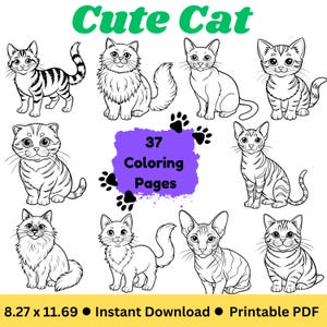 20 Breeds of Cute Cat Coloring Pages, Cat Coloring Pages for Kids, Printable Coloring Book Pages for Cat Lovers, Digital Files