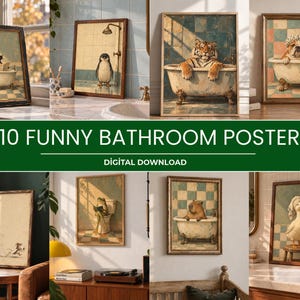Op de afbeelding: Een collectie van tien ingelijste wandposters met humoristische illustraties van diverse dieren in badkamers, waaronder een kat, pinguïn, tijger, buldog, kikker, capibara en eend, voorzien van de tekst 10 FUNNY BATHROOM POSTERS DIGITAL DOWNLOAD.