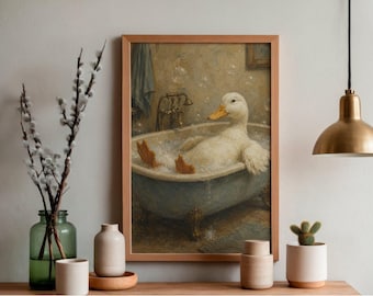 Vintage Duck Bathtub Wall Art Print, Funny Bathroom Animal Illustration, Rustic Farmhouse Decor