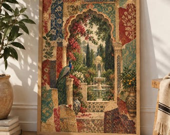 May include: A framed wall art print featuring a collage-style composition of a garden scene viewed through an ornate archway. The image displays a peacock perched on a stone pillar, a central fountain, lush greenery, and vibrant floral patterns.