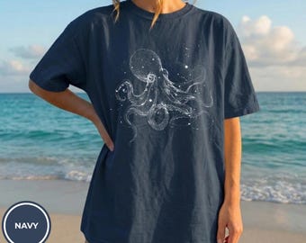Constellation Octopus T- Shirt, Animal Lover, Line Art  Sea Creature Shirt, Ocean Shirt, Nautical Tee