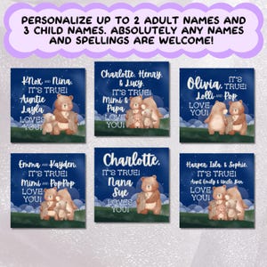 six personalized name and child name cards, each featuring a bear and a message. The cards are arranged in a grid, with three rows and two columns. The names and messages are personalized and unique to each individual, making them suitable for a variety of occasions or as gifts.