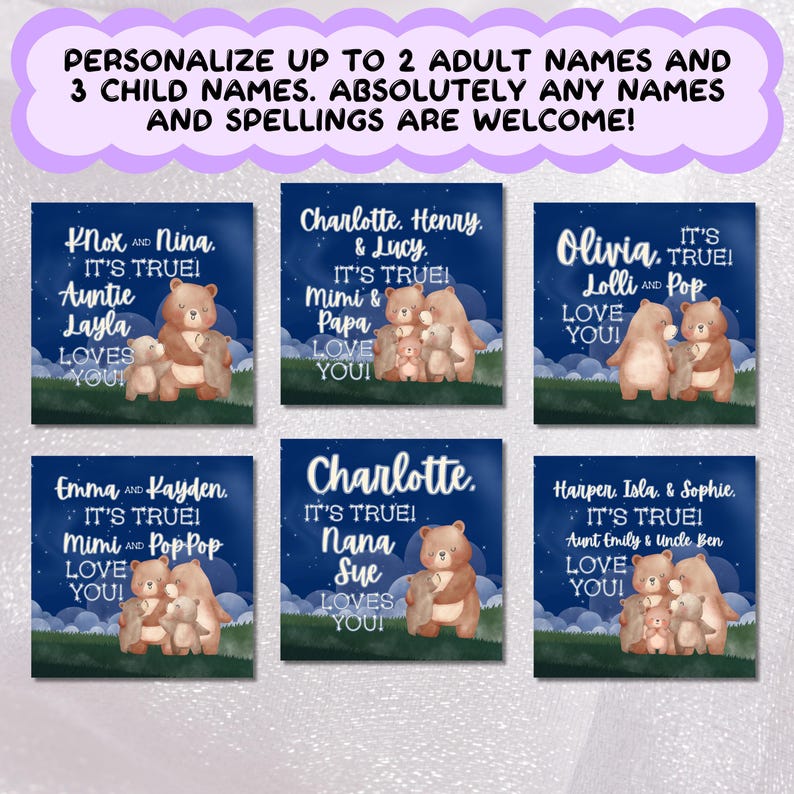 six personalized name and child name cards, each featuring a bear and a message. The cards are arranged in a grid, with three rows and two columns. The names and messages are personalized and unique to each individual, making them suitable for a variety of occasions or as gifts.