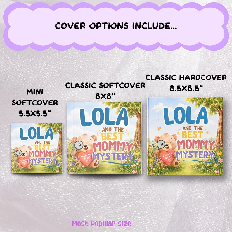 three different sizes of a book cover for a children's book titled "Lola and the Best Mommy Mystery".