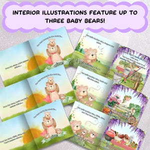 The image is a collage of three pages from a book, each featuring illustrations of three baby bears. The illustrations depict the bears in various playful and whimsical poses, such as sitting, standing, and interacting with each other. The book's title, "Interior Illustrations Feature up to Three Baby Bears!", is prominently displayed at the top of the image.