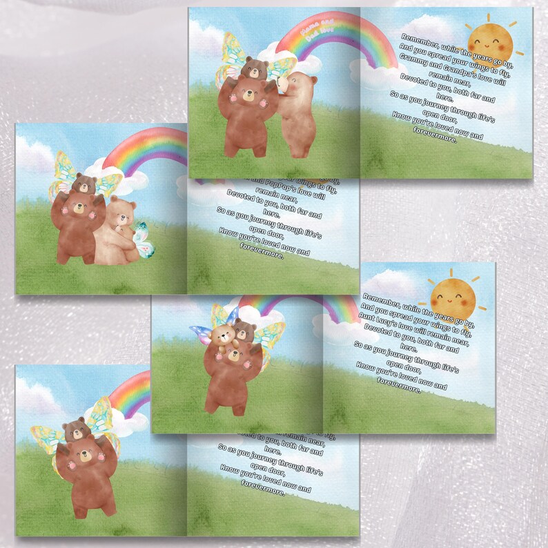 The image is a collage of four images depicting a whimsical scene with a rainbow, a sun, and various animals, including bears and butterflies.