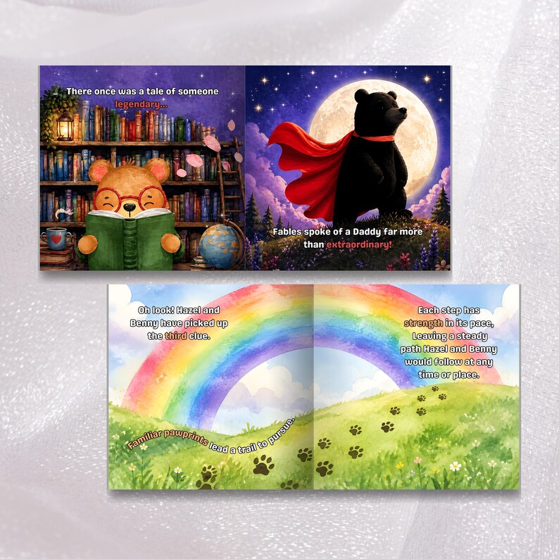 The image is a collage of two pages from a children's book. The top page features a bear reading a book, while the bottom page depicts a rainbow and a field with paw prints.