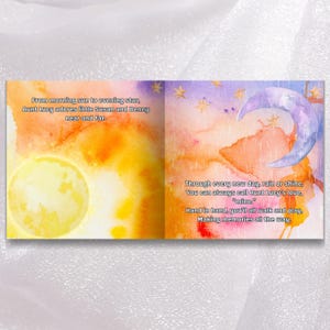 The image is a book cover with a watercolor background depicting a crescent moon, stars, and a sun. The text on the cover reads: "From dawning sun to evening star, Aunt Lucy adores Little Star and Bunny near and far. Through every new day, rain or shine, You can always call Aunt Lucy's love, mine'. Hand in hand, you'll all walk and play making memories all the time!"