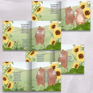 The image is a collage of four images featuring a family of bears in a sunflower field. The bears are depicted in various poses, with one bear holding a baby bear. The background of each image is filled with sunflowers, creating a cheerful and sunny atmosphere. The text accompanying the images provides descriptions of the scene, such as "It's warm like sunshine on flower beds and softer beds than pillows for sleeping heads."
