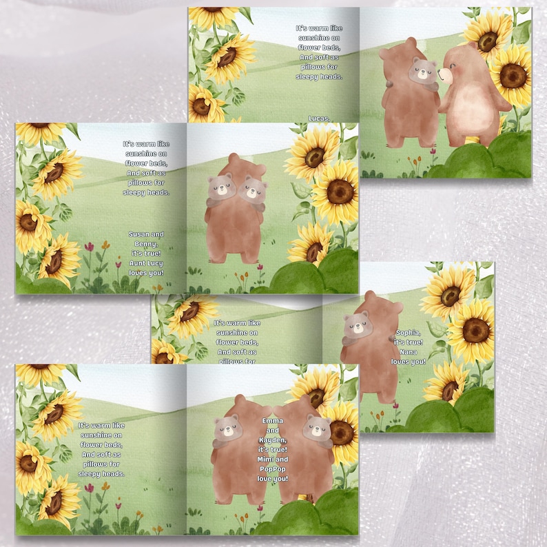 The image is a collage of four images featuring a family of bears in a sunflower field. The bears are depicted in various poses, with one bear holding a baby bear. The background of each image is filled with sunflowers, creating a cheerful and sunny atmosphere. The text accompanying the images provides descriptions of the scene, such as "It's warm like sunshine on flower beds and softer beds than pillows for sleeping heads."