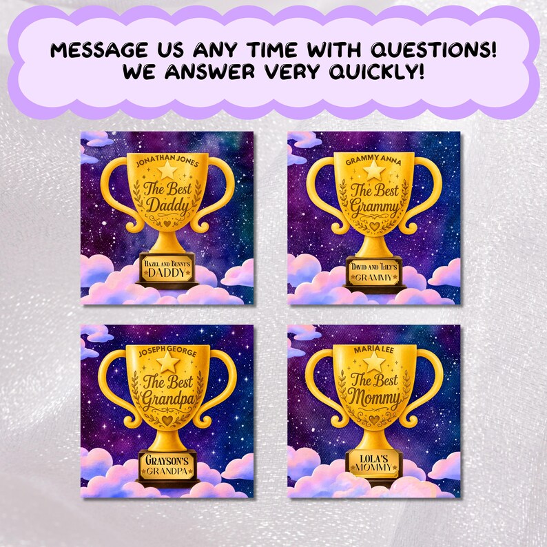 four golden trophies with text that reads "The Best Daddy", "The Best Grandma", "The Best Lola", and "The Best Joseph George".