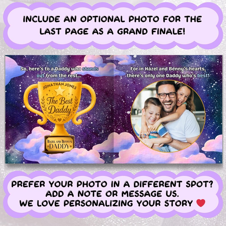 The image is a personalized photo collage featuring a trophy, a family photo, and a caption that includes an optional photo for the last page as a grand final.