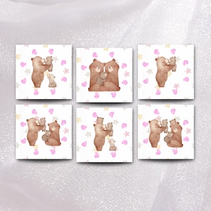 The image is a collage of six square images featuring bears in various poses and settings, surrounded by pink hearts and stars.
