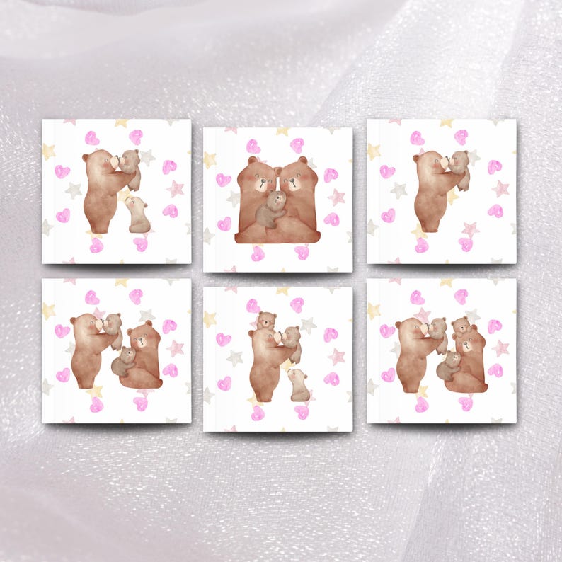 The image is a collage of six square images featuring bears in various poses and settings, surrounded by pink hearts and stars.