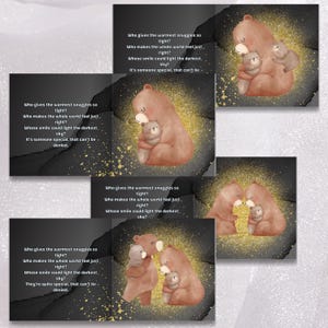 The image is a collage of four images featuring a mother bear and her cub. The mother bear is shown in various poses, with the cub nestled in her arms. The background of each image is black, with gold glitter sprinkled across it. The text accompanying the images provides descriptions of the mother bear's actions and the cub's appearance.