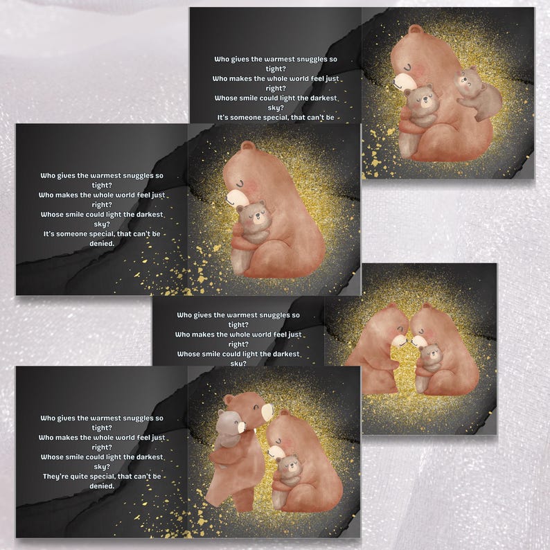 The image is a collage of four images featuring a mother bear and her cub. The mother bear is shown in various poses, with the cub nestled in her arms. The background of each image is black, with gold glitter sprinkled across it. The text accompanying the images provides descriptions of the mother bear's actions and the cub's appearance.