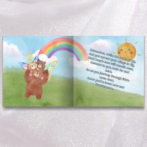The image is a book cover with a scene featuring a rainbow, a sun, and a group of bears. The text on the cover is a poem that reads: "Remember, while the years of your life fly by, and you spread your wings to fly, and your love will remain near, so as you journey through life and open your door, know you're loved now and forevermore."