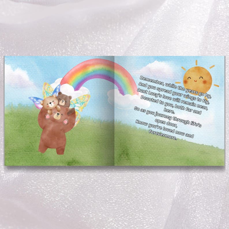 The image is a book cover with a scene featuring a rainbow, a sun, and a group of bears. The text on the cover is a poem that reads: "Remember, while the years of your life fly by, and you spread your wings to fly, and your love will remain near, so as you journey through life and open your door, know you're loved now and forevermore."