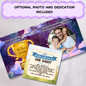 The image is a collage of two photos and a card, featuring a man and two children, likely a family, with a trophy and a message about the importance of a father.