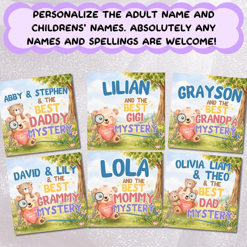 six personalized name and children's name book covers, each featuring a different name and a unique illustration of a bear character.