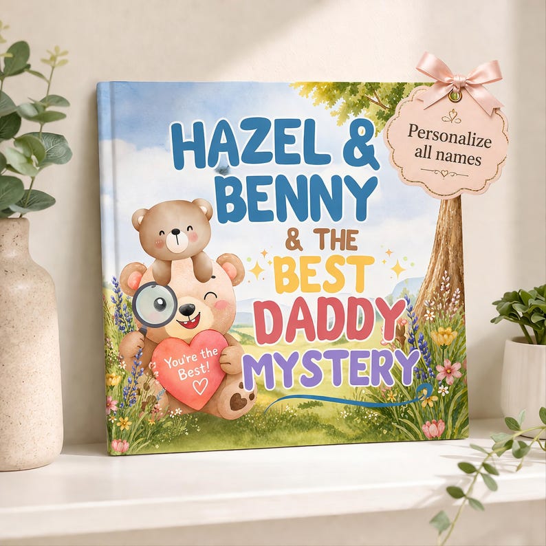 The image is a personalized book titled "Hazel & Benny & the Best Daddy Mystery" with illustrations of two bears and a heart-shaped object. The book is placed on a shelf next to a plant and a pink bow.