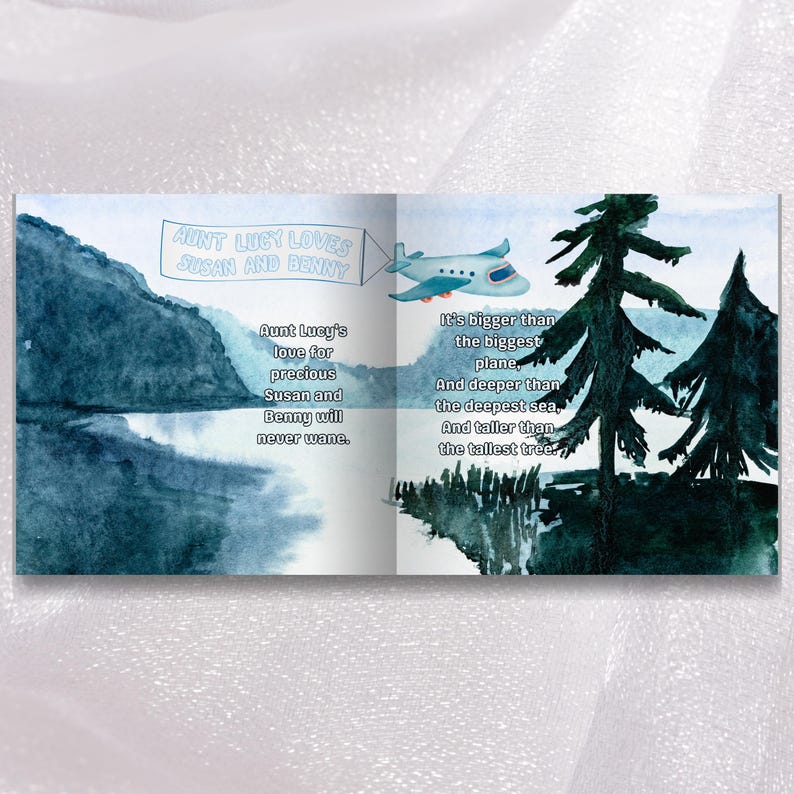 The image is a book cover with a watercolor painting of a mountain landscape, featuring a blue airplane flying over the scene. The book cover has text that describes the story as "Aunt Lucy's long-suffering Susan and Benny will never waste."