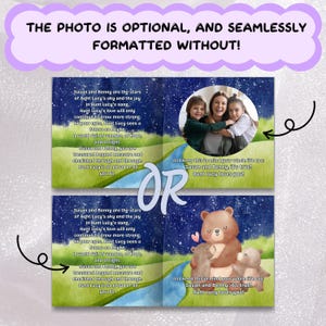 The image is a collage of two pages, each featuring a different scene. The first page shows a family of three, including a mother, father, and child, with a teddy bear on the right side. The second page depicts a nighttime scene with a starry sky and a bear on the left side. The text on the image is not described in detail, and the phrases "The photo is optional, and seamlessly formatted without!" and "And keep this in mind when you're writing your life story!" are provided.