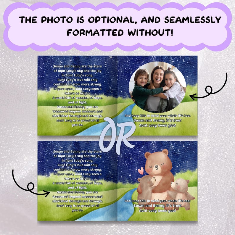 The image is a collage of two pages, each featuring a different scene. The first page shows a family of three, including a mother, father, and child, with a teddy bear on the right side. The second page depicts a nighttime scene with a starry sky and a bear on the left side. The text on the image is not described in detail, and the phrases "The photo is optional, and seamlessly formatted without!" and "And keep this in mind when you're writing your life story!" are provided.