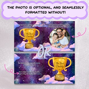 The image is a collage of two photos, one depicting a man holding a trophy and the other showing a family of three. The text above the collage states that the photo is optional and seamlessly formatted without any description.