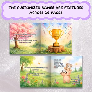 The image is a collage of two pages from a book, featuring illustrations of a trophy, a teddy bear, and a tree with pink flowers. The text on the pages includes phrases such as "This is a real winner, loving and wise," "This is a real one-of-a-kind Daddy," and "This is an awesome Daddy."