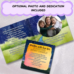 The image is a collage of three photos, including a photo of a woman and two children, and a written message.