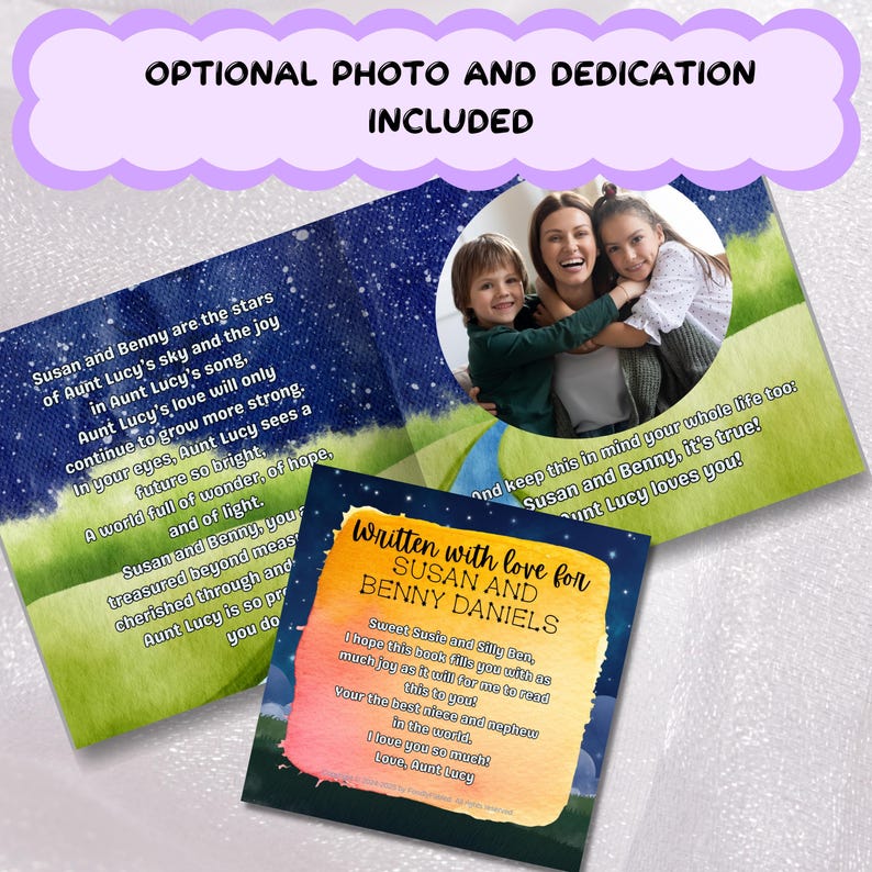 The image is a collage of three photos, including a photo of a woman and two children, and a written message.