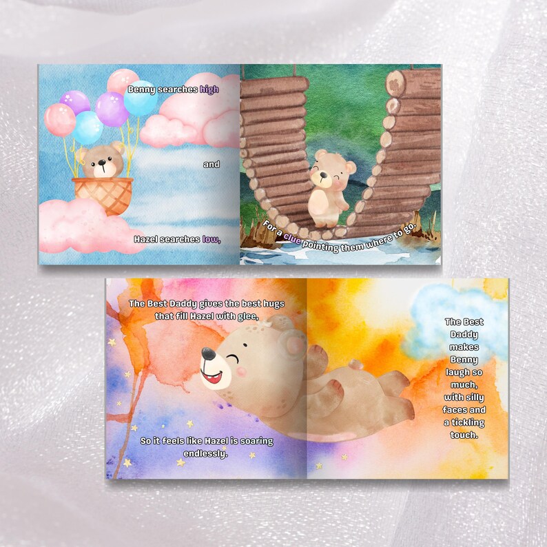 The image is a collage of two separate illustrations. The top illustration depicts a teddy bear floating in the sky with balloons, while the bottom illustration shows a teddy bear sitting on a bridge.