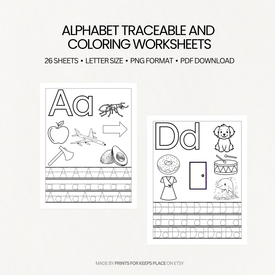 Alphabet, Traceable Letters, Coloring Book, 26 Tracing Worksheets, AZ