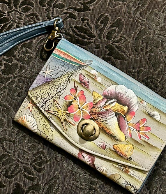 Anuschka Hand Painted Leather Wallet - Peony & Eggplant Art, Organizer With Zippers, Adjustable Strap