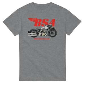 May include: A grey t-shirt featuring a red BSA Motorcycles logo and a vintage motorcycle illustration.