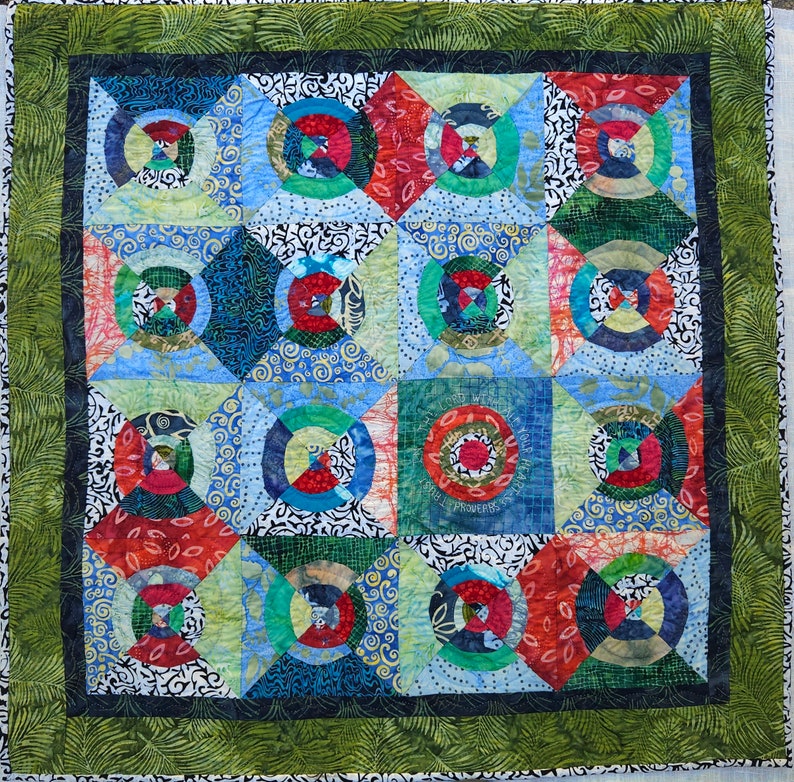 Unique Red Blue Green Modern Batik Art Quilt Hand Quilted Contemporary Wall Art Trust In The Lord Proverbs 3:5 image 1