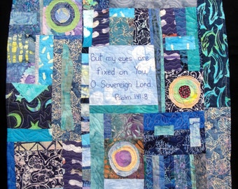 Unique Blue Wall Quilt |  Abstract Modern Blue Wall Art | "Vision" | But My Eyes Are Fixed On You, O Sovereign Lord- Psalm 141 :8