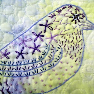 Sentinel Hand Embroidered Purple Bird Quilted Wall Art Unique Bird Lover Art Yellow Purple Bird Wall Art Purple Decor Yellow Decor image 1