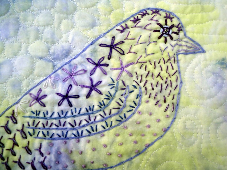 Sentinel Hand Embroidered Purple Bird Quilted Wall Art Unique Bird Lover Art Yellow Purple Bird Wall Art Purple Decor Yellow Decor image 1